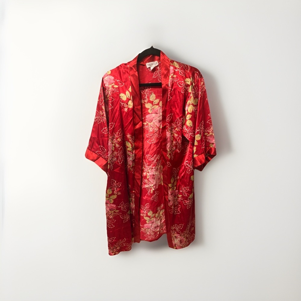 Sindrella Satin Kimono Robe Women Red Floral Short Sleeve M